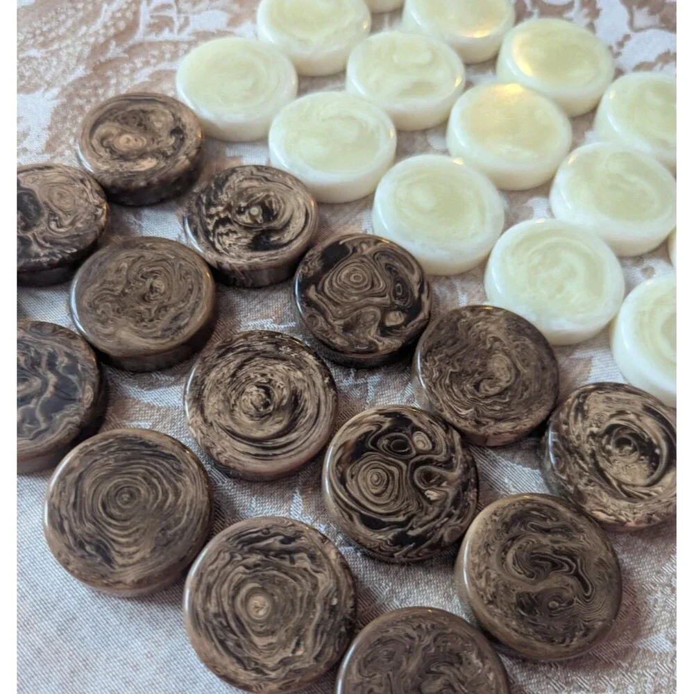 Crisloid? Backgammon 1.25” Checkers Vtg 30 Pieces  Brown White Swirl